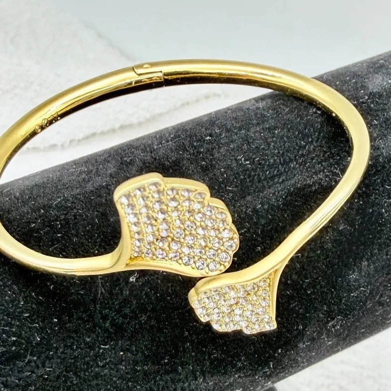 Authentic Swarovski Gold Plated Crystal Ginkgo Leaf Hinged Bangle Bracelet