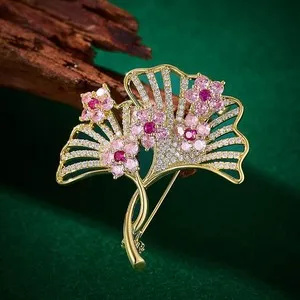 Authentic Women's Gold Plated Pink Clear CZ Flower Hollow Ginkgo Leaf Brooch Pin