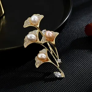 Authentic Elegant Gold Plated Clear CZ Cubic Zirconia Pearl Ginkgo Leaf Brooch Pin