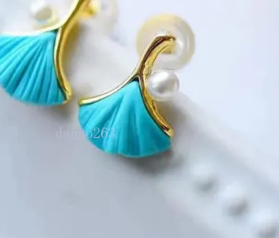 Authentic 925 silver gold plated ginkgo leaf Natural Beeswax Turquoise pearl Earrings