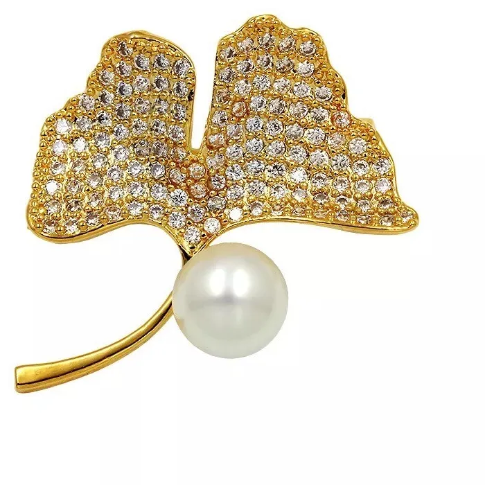 Authentic ZARD Ginkgo Leaf Pin Brooch with Clear CZ and Pearl Accents 14K Gold Plated