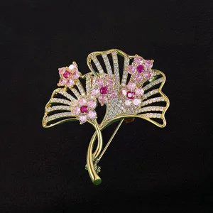 Authentic Yellow Gold Plated Pink Clear Cubic Zirconia CZ Flower Ginkgo Leaf Brooch Pin