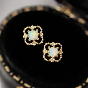 Authentic Cute Women White Fire Opal Stud Earring 18k Yellow Gold Plated Wedding Jewelry
