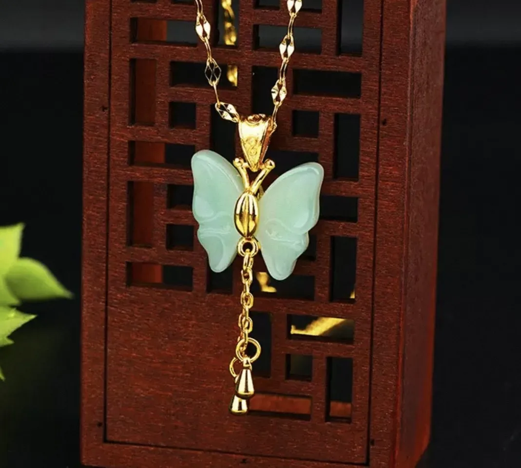Authentic Classic Natural Jade Butterfly Pendant Not included Necklace 18K Gold Plated