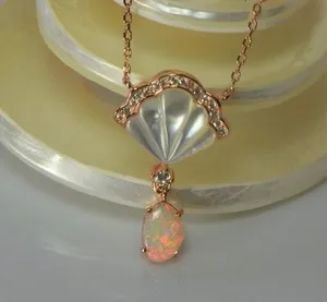Authentic Solid Opal Pendant with Mother of Pearl 18K Rose Gold Plated Necklace Fire