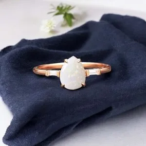 Authentic 14k Rose Gold 7X5 mm Pear Cut Fire Opal Bridal Diamond Promise Ring
