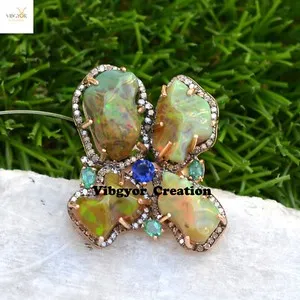 Authentic Fire Raw Opal Gemstone Ring Pave Diamond Flower Ring 925 Silver Gold Plated Ring
