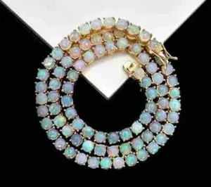 Authentic 4MM Round Lab Created Fire Opal Tennis WomenNecklace 14K Yellow Gold Plated 18"