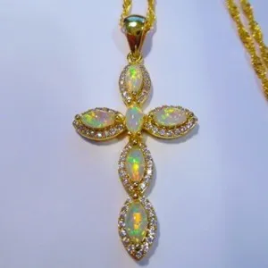 Authentic 14K Yellow Gold Plated 3Ct Marquise Cut Natural Fire Opal Pendant Cross Necklace