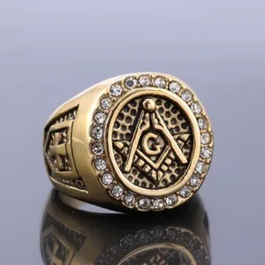 Authentic Gold Plated Vintage Zircon Diamonds Freemason Masonry Master Masonic Men Ring