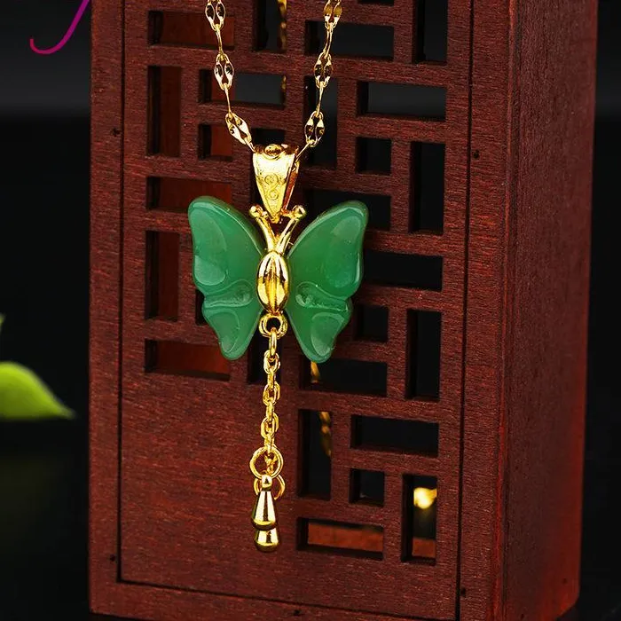 Authentic Natural Jade Butterfly Pendant Necklace 18K Gold Plated Real Jewelry Amulet