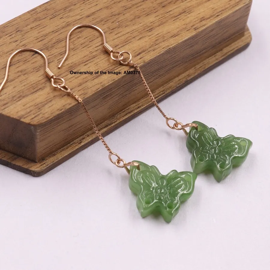 Authentic Gold Plated 925 Sterling Silver Natural Green Jade Butterfly Dangle Earrings