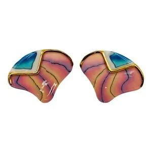 Authentic Seashell Porcelain Handmade Ceramic Earrings Gold Plated VINTAGE 80s 90s Retro