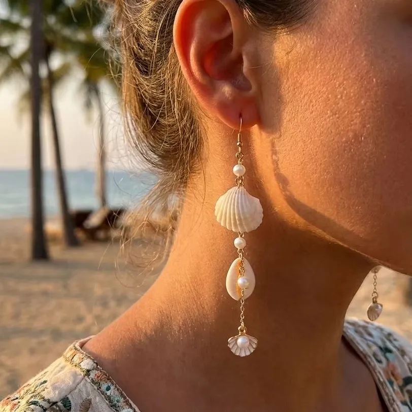 Authentic Mermaidcore Seashell Imitation Pearl Tassel Earrings for Women Boho Conch Shell Long Dangle Earrings Party Jewelry