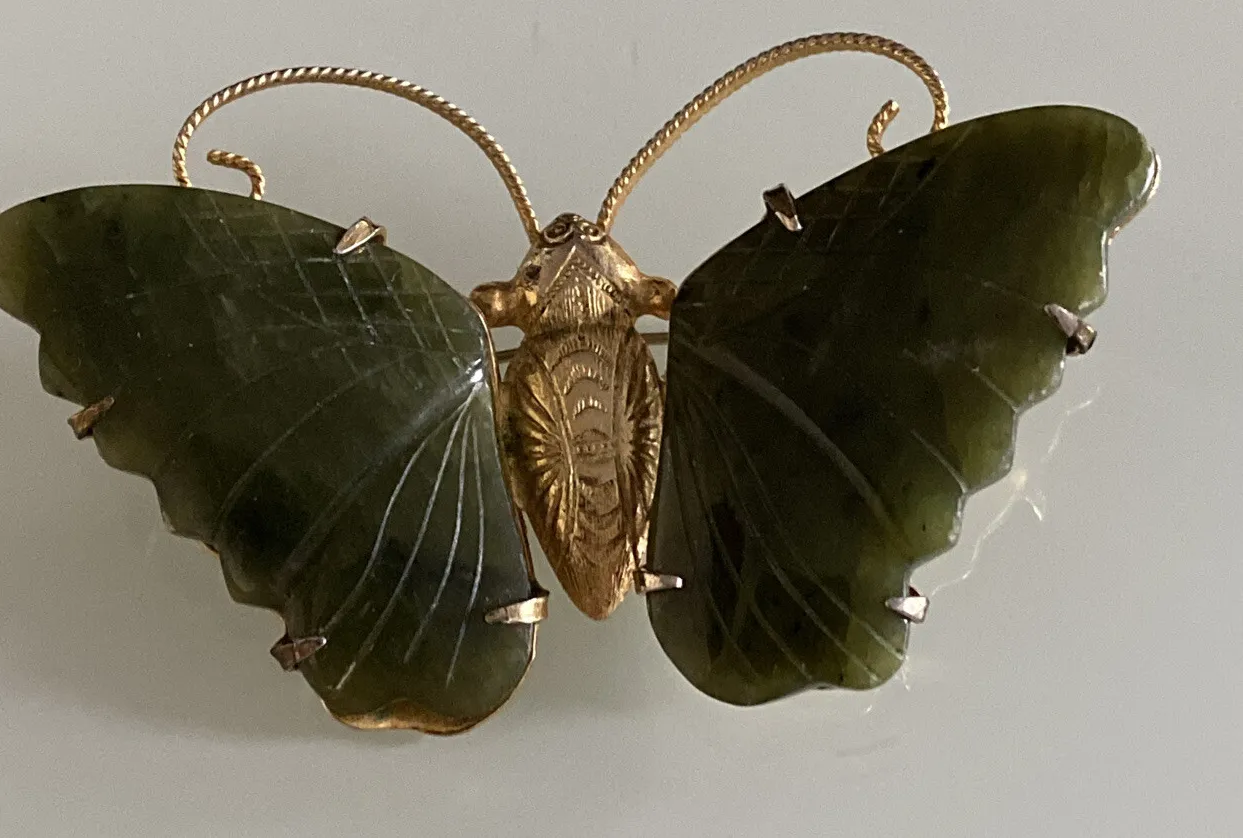 Authentic vintage gold plated jade butterfly brooch pin