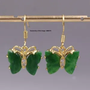 Authentic Gold Plated Women's Butterfly Green Jade Dangle Earrings Drop Hook 28mm H