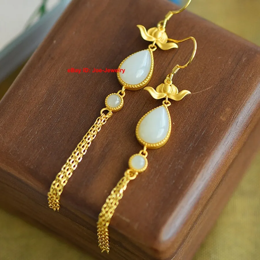 Authentic Gold Plated Solid 925 Sterling Silver Butterfly White Jade Pear Dangle Earrings