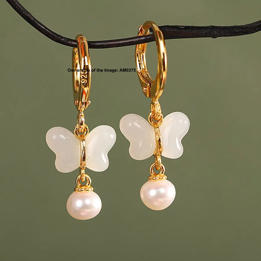 Authentic Real Gold Plated 925 Sterling Silver Dangle Earrings Natural Jade Butterfly 28mm