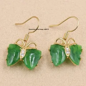 Authentic Gold Plated Women's Green Jade Butterfly Dangle Earrings Drop Hook