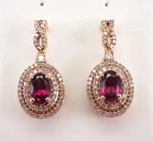 Authentic 4.2Ct Oval Cut Lab Created Red Garnet Halo Drop/Dangle Earrings Rose Gold Plated