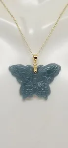 Authentic Guatemalan GREEN Jade Butterfly Yellow Gold Plated Pendant 18" Chain
