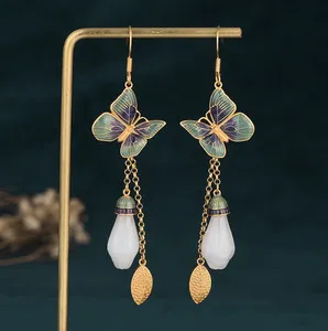 Authentic Women's Butterfly Flower Jade Drop Dangle Earrings Bohemian 18K Gold Plated