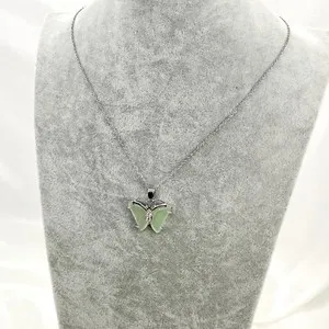 Authentic Green,light green,Jade butterfly pendant White Gold plated chain necklac