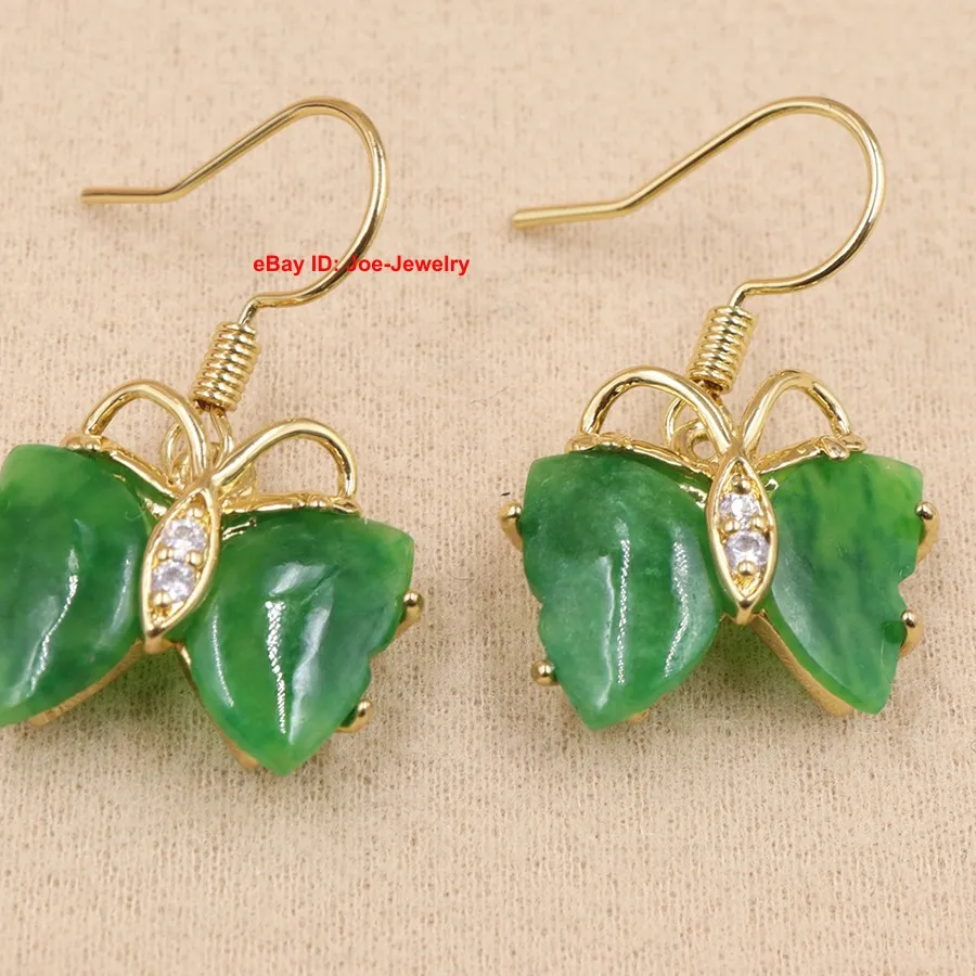 Authentic Gold Plated Heated Green Jade Butterfly Dangle Earrings 30mm H
