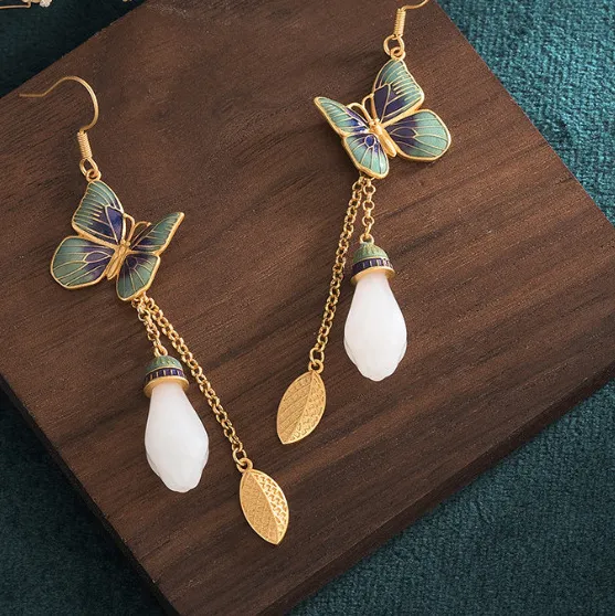 Authentic Ethereal Metamorphosis Jade and Gold Dangle Earrings - Sacred Butterfly and Blossom Talisman