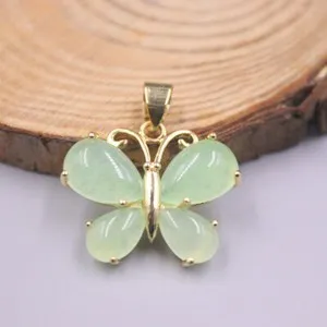 Authentic Yellow Gold Plated With Heated Green Jade Butterfly Pendant 1.10nch H