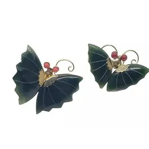 Authentic 2 Pcs Vintage Jade & Coral Butterfly Brooch Pin Set Gold Plated WWII Boho