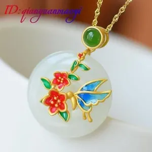 Authentic Natural Jade Butterfly Pendant Necklace Real Jewelry Talismans 18K Gold Plated