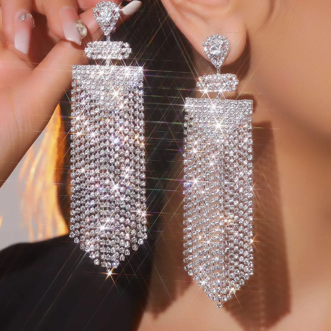 Authentic Chandelier Tassel Dangle Linear Drop Earrings Jewelry Clear Crystal Earrings Girls
