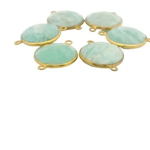 Authentic Natural Amazonite Coin Two Loop Bezel (15mm) - Gold Plated Silver over 925 Sterl