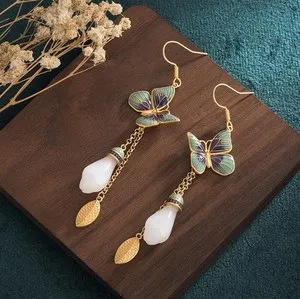 Authentic Jade Bohemian Dangle Chic Earrings Flower Butterfly Gemstone Gold Plated