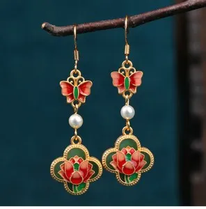 Authentic Green Real Jade Lotus Earrings Butterfly Natural Jewelry 18K Gold Plated