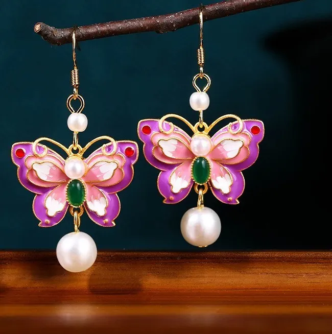 Authentic Celestial Butterfly Whisper Earrings – Jade Enamel & Pearl Dangles in 18K Gold‑Plated Aura