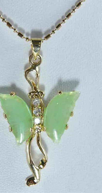Authentic Natural Light Green Jade Yellow Gold Plated Crystal Butterfly Pendant Necklace