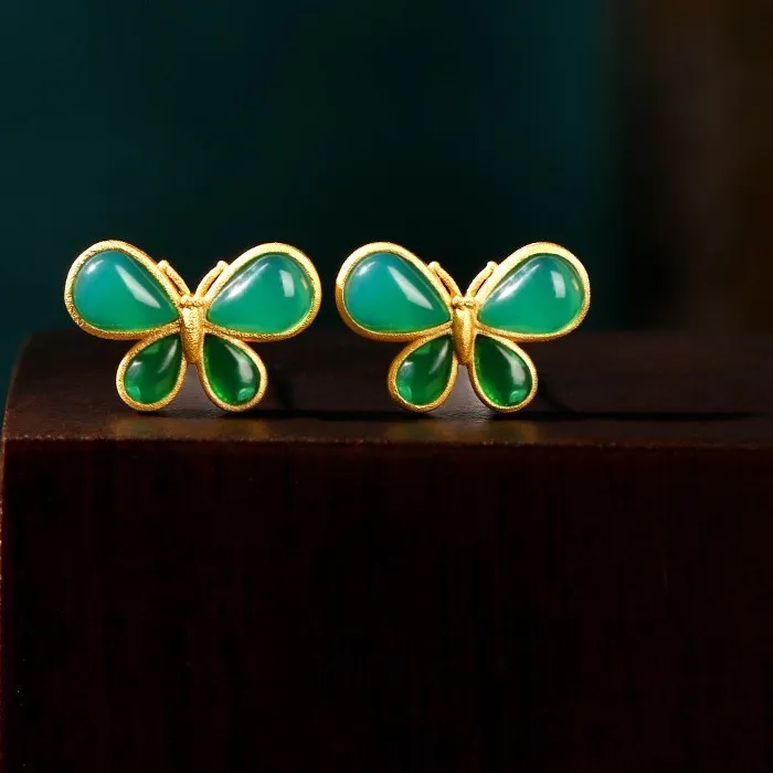Authentic Green Real Jade Butterfly Earrings 18K Gold Plated Women Natural Jewelry