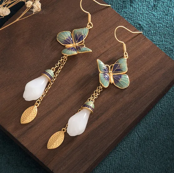 Authentic Jade Bohemian Drop Dangle Earrings Flower Butterfly Gemstone 18K Gold Plated