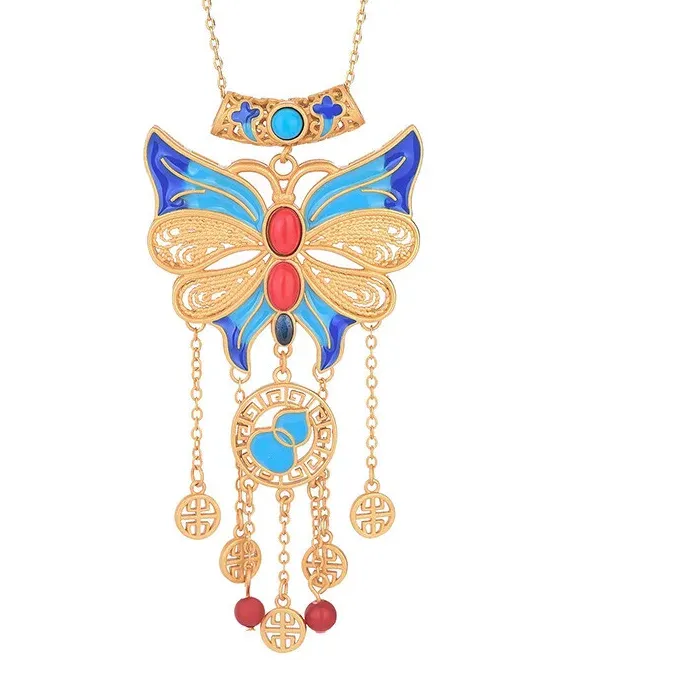 Authentic Butterfly Gold-Plated Necklace Chinese Style Jade Pendant Necklace