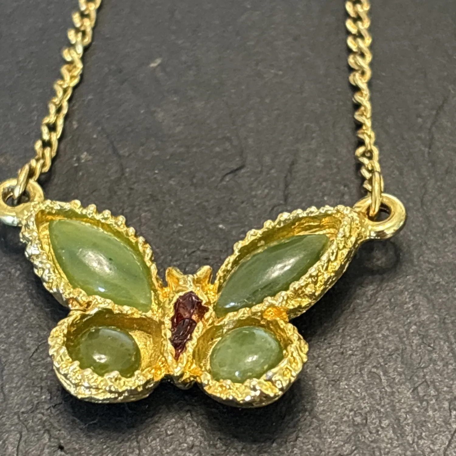 Authentic Swoboda Signed Vintage Butterfly Statement Necklace Gold Plated Jade 20” Rare RF