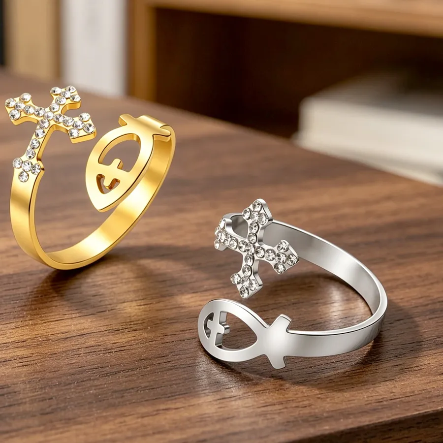 Authentic Jesus Fish Cross Ring Ichthys Symbol Adjustable Open Rings Christian Faith Protection Jewelry