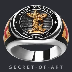 Authentic Saint St Michael Ring Archangel Protect Us Catholic Silver 925 18K-Gold-Plated