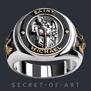 Authentic Saint St Michael Ring Archangel Catholic Silver 925 18K-Gold-Plated Religious