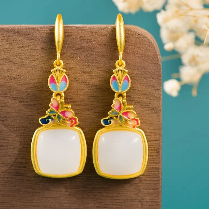 Authentic Gilded Metamorphosis Butterfly and Faux Hetian Jade Dangle Earrings