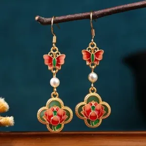 Authentic Enchanted Jade Butterfly Dangle Earrings – Boho Flower Talisman in 18K Gold