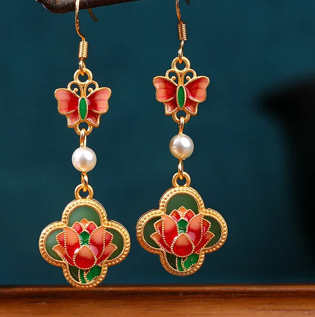 Authentic Ethereal Lotus and Butterfly Green Jade Talisman Earrings in 18K Gold Plate