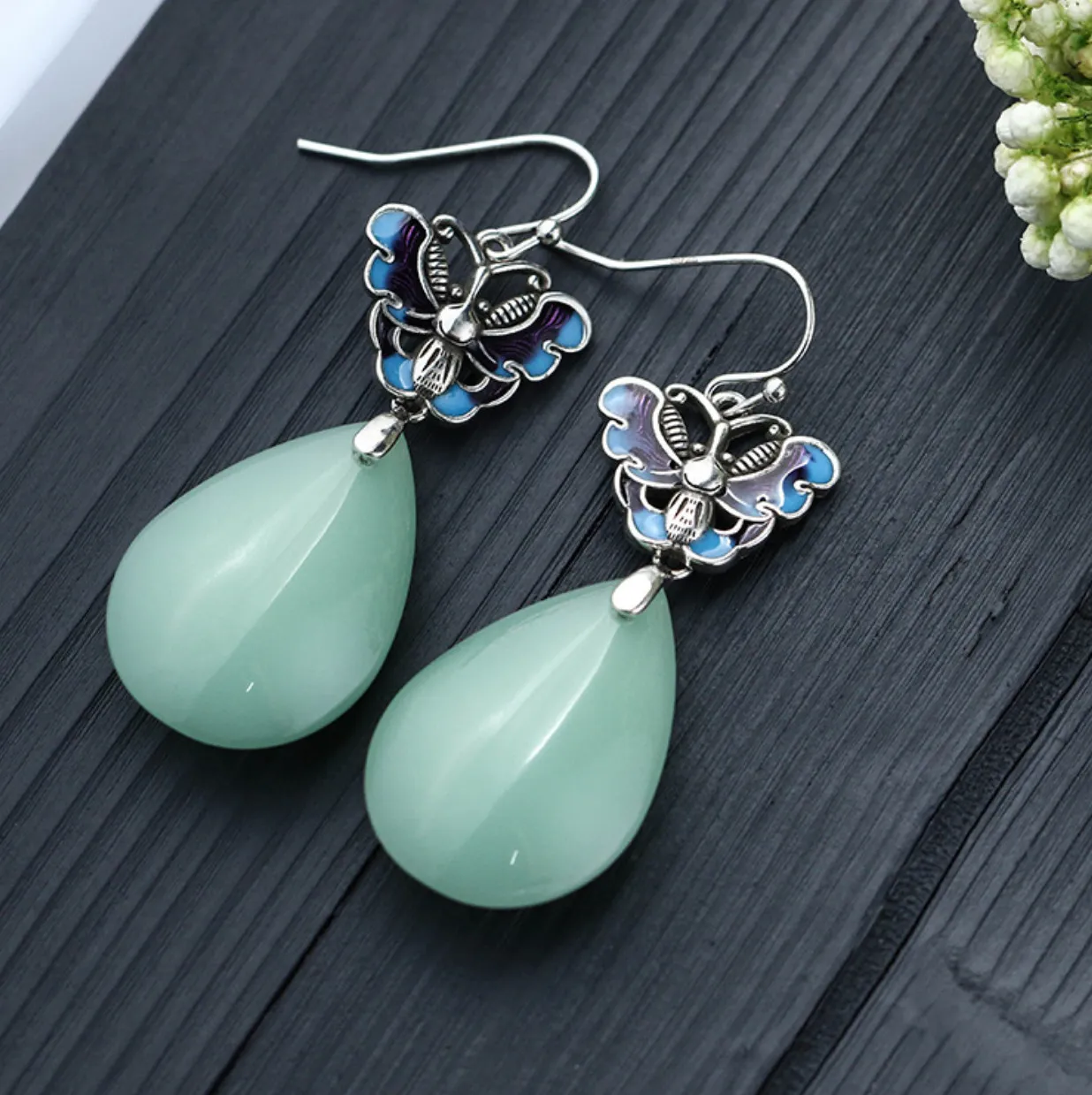 Authentic Ethereal Jade Butterfly Dangle Earrings in 18K White Gold Finish