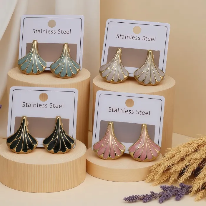 Authentic Purchase the charming ginkgo leaf geometric fan-shaped earrings, stud earrings, gold fashionable design, retro e